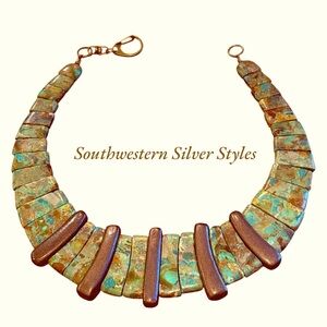 Rare Estate Vintage Southwestern Style Turquoise Metallic Bronze Metal Necklace